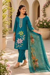 Conjunto de Kurta, Pantalón y Dupatta de Seda Romana Tradicional para Niñas, Elegante para Fiestas, Bodas, Festivales y Celebraciones, en Oferta - Product Image 3