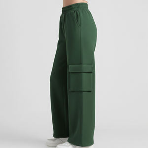 Pantalon cargo taille haute pour femme, coupe ample, longueur intégrale, taille élastique, couleur unie verte, en tissu éponge tricoté, prix abordable - Product Image 6