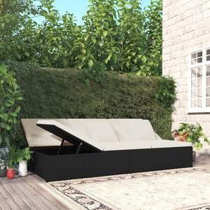 Chaise longue double pour patio en rotin PE noir, lit de repos extérieur - Product Image 1