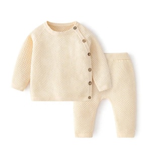 Conjunto Deportivo de Algodón para Bebés Niñas, Cuello Redondo, Manga Larga, Color Sólido, Cierre de Botones, Ropa Casual de Otoño para Bebés y Niños Pequeños - Product Image 1
