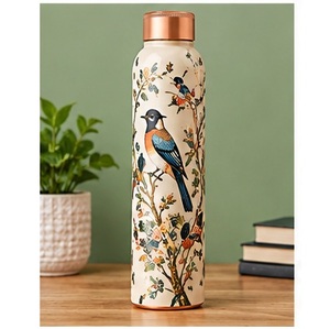 Traditional Floral Branch Flask Chic Pink <b>White</b> Copper <b>Water</b> <b>Bottle</b> With Copper Lid Portable Travel Drinkware - Product Image 5