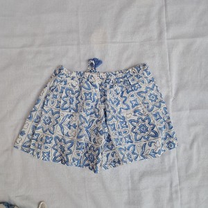 men's Frill Pajama Set White Blue Moroccan Tile Geometric Block Print Cotton Tassel Drawstring Waist Frill Summer Boho Shorts - Product Image 2
