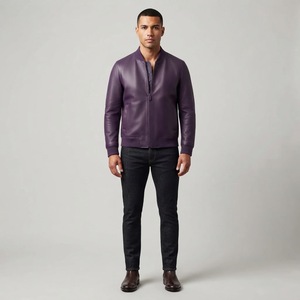 Blouson bomber pour homme en PU violet, col montant, fermeture éclair, couleur unie, coupe classique, vêtement d'automne - Product Image 2