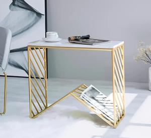 Modern Rectangle Marble Top <b>Side</b> <b>Table</b> With <b>Gold</b> Metal Frame Indoor Living Room Decor Accent Piece - Product Image 1