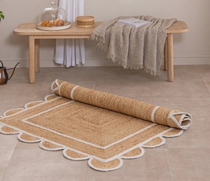 Tapis en jute à bordure festonnée blanche, tapis tressé naturel fait main pour entrée, couloir, chambre, décoration de maison de style farmhouse et bohème - Product Image 2