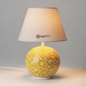Lampe de table de luxe en os jaune incrusté avec abat-jour beige |   Éclairage de chevet floral artisanal - Product Image 6