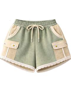 Ensemble décontracté deux pièces pour femme, vert sauge et beige, avec crop top zippé à capuche et short cargo à poches, en polyester et coton, vente en gros - Product Image 2