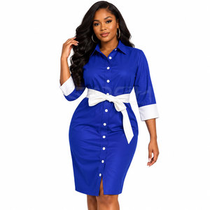 Robe chemise bleue Cosh International Sorority Sisterhood avec ceinture blanche, poignets contrastants, manches trois quarts, longueur midi - Product Image 3