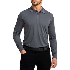 Polo de Manga Larga para Hombre, Color Sólido, Corte Ajustado, Informal, Tejido de Punto, Gris Oscuro - Product Image 1