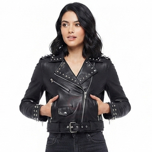 Womens <b>Pink</b> genuine Leather Moto <b>Jacket</b> Full Sleeve Zipper Closure Turn-down Collar Short Length Solid Color Autumn winter Style - Product Image 2