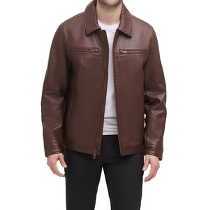 Genuine Leather Coated Varsity Jacket for <b>Men</b> with Stand Collar Zipper Closure Warm Inner Lining Autumn Wear - Product Image 2