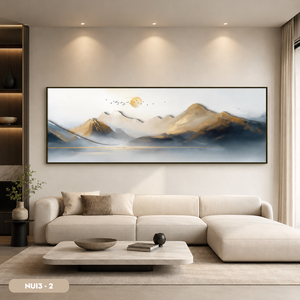 Impression sur soie de paysage minimaliste, scène de montagne avec soleil et oiseaux, cadre en bois, art d'intérieur NUI3-2, origine Vietnam, fabriqué en usine - Product Image 6