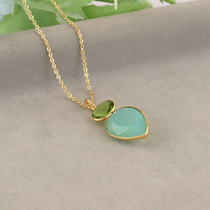 Double gemstone necklace green opalite & peridot quartz briolette pendant 18k gold plated brass <b>cable</b> chain jewelry for Supplies - Product Image 5