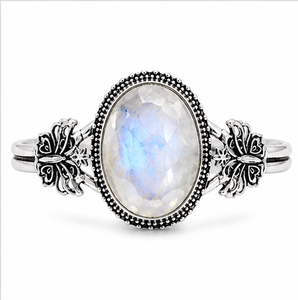 925 Silver Rainbow Moonstone Bangle, Oval Moonstone <b>Bracelet</b>, Blue Flash Gemstone Jewelry, Sterling Silver Gift for Women - Product Image 2