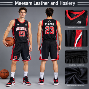 Men's <b>Basketball</b> Jersey Set Sleeveless High Neck Black Red Mesh Breathable Quick Dry Uniform Elastic Waist Shorts 100% Cotton - Product Image 1