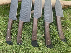 Rustic Hammered Blade Carbon Steel Kitchen <b>Knife</b> <b>Set</b> 5 Pieces Wood Pinned Handle Traditional Japanese Chef <b>Knife</b> High-Polish - Product Image 3