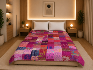 Couvre-lit en coton Patola patchwork taille Queen, couvre-lit indien de luxe, fait main, textile bohème, décoration intérieure réversible - Product Image 1