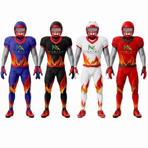 Ensemble d'uniformes de football personnalisés pour hommes, thème feu, maillot en mesh sublimé, pantalon rembourré, équipement sportif d'équipe, kit de jeu, vente OEM Pro - Product Image 1