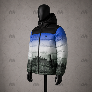 Chaqueta de invierno para hombre, tipo puffer, con cuello alto, capucha, cierre de cremallera, relleno alternativo a plumón, con bolsillo y logotipo personalizado. - Product Image 3