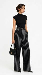 Women's Short Sleeve Turtleneck Top and Striped Wide Leg Pants <b>Set</b> with Belt - Product Image 4