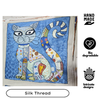 Housse de coussin brodée motif chat bleu en fil de soie artisanal du Cachemire, style bohème, en coton, 16 pouces, durable, avec fermeture éclair, pour la maison