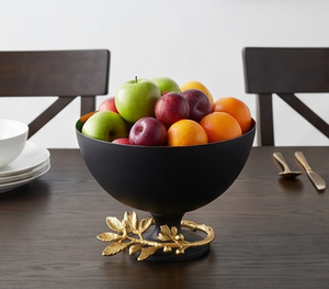 Premium <b>Black</b> Metal Bowl with Gold Leaf Design <b>Polished</b> Finish Glam Style Handmade For Serving And Display - Product Image 2