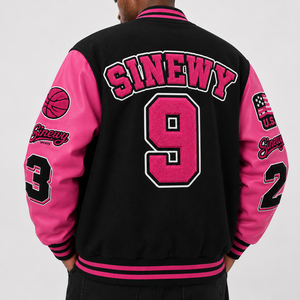 SINEWY SPORTS <b>Men's</b> Black Pink Varsity <b>Jacket</b> Embroidered Letterman Baseball Style Casual Outerwear - Product Image 6