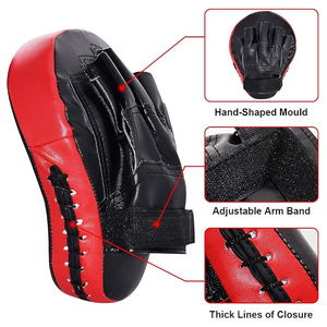 Pads de frappe incurvés en cuir PU rouge et noir avec mousse PVC, brassards réglables pour l'entraînement au kickboxing, Muay Thai et arts martiaux - Product Image 6