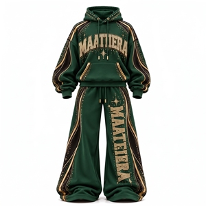 Conjunto Deportivo Verde Dorado con Pedrería para Mujer, Sudadera Holgada y Pantalones Anchos, Ropa Urbana Personalizada, Fabricante de Ropa al Por Mayor - Product Image 3