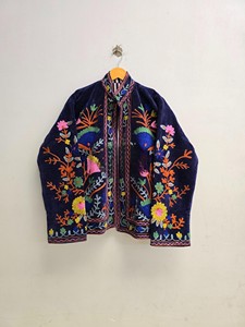 New Arrival Handcrafted Navy Blue Velvet <b>Jacket</b> with Vibrant Floral Suzani Embroidery and <b>Mandarin</b> <b>Collar</b> <b>Jacket</b> - Product Image 2