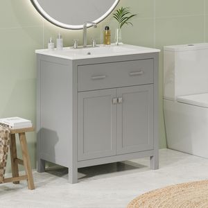 Mobile bagno singolo moderno grigio da 76 cm con lavabo in ceramica, 2 ante soft-close e un ripiano - Product Image 2
