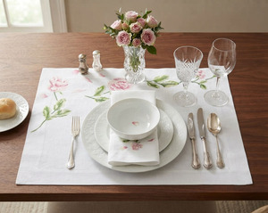 Embroidered Rose Flowers Customizable Reusable <b>Place</b> <b>Mats</b> Napkin Sets Luxury Style 100% Cotton Washable Home Wedding <b>Table</b> Decor - Product Image 4