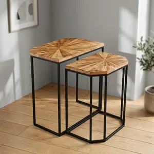Handmade <b>Wooden</b> Set of 2 Nesting Coffee Tables Metal Leg Corner Side Tables <b>Stool</b> Flower Stand Farmhouse Living Room Bedroom - Product Image 4