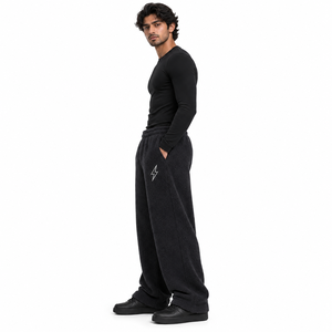 Pantalon de jogging décontracté noir pour homme, coupe large, en molleton, taille élastique, style streetwear, avec logo éclair - Product Image 5