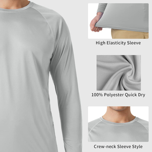 Camiseta de Manga Larga para Hombre, Color Sólido, Secado Rápido, Cuello Redondo, Corte Regular, Ropa Casual, Tejido de Poliéster, Gris - Product Image 5