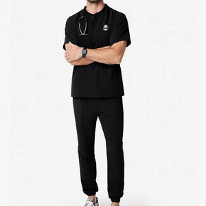 Ensemble de blouses médicales noires pour hommes, haut à manches courtes avec poche, pantalon à cordon de serrage, uniformes d'hôpital, coton et polyester tricoté - Product Image 1