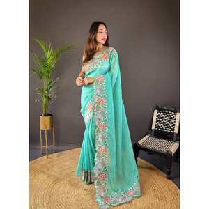 FANTAISIE BRILLANT SOIE BRODERIE FLORAL COUPE TRAVAIL SAREE AVEC BLOUSE INCOSÉE VERT MER - Product Image 1