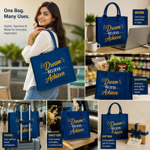 Sac fourre-tout en jute bleu imprimé sur mesure, écologique, réutilisable, pour courses, cadeau promotionnel, plage, mariage, avec poignées en corde - Product Image 3