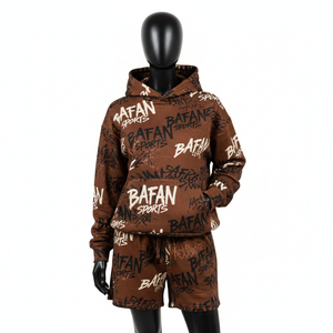 Women Hoodie Short Set 320 GSM Cotton Polyester Fleece <b>Rust</b> Brown Varsity Chenille Patch Custom Logo Women's Sets - Product Image 6