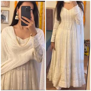 Export Quality Anarkali Gown <b>3</b> <b>piece</b> <b>Suit</b> Set Faux Blooming with Lakhnavi Embroidered Sequence Work Wedding Gown - Product Image 5