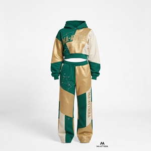 <b>Womens</b> Green Gold <b>White</b> Patchwork Hoodie Tracksuit Set Rhinestone Wide Leg Pants Custom Streetwear Outfit Stylewear - Product Image 3