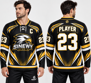 เสื้อฮอกกี้น้ำแข็ง SINEWY SPORTS แขนยาวสำหรับผู้ชาย ผ้าโพลีเอสเตอร์ 100% ระเหยเหงื่อได้ดี ป้องกันแบคทีเรีย สีดำ ทอง ขาว ชุดทีม - Product Image 6