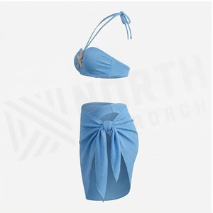Ensemble bikini bandeau bleu pour femme avec décoration étoile de mer et jupe portefeuille, maillot de bain deux pièces - Product Image 3