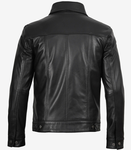 Veste moto en cuir véritable noir pour homme, col rabattu, fermeture à boutons, coupe classique, style automne - Product Image 4
