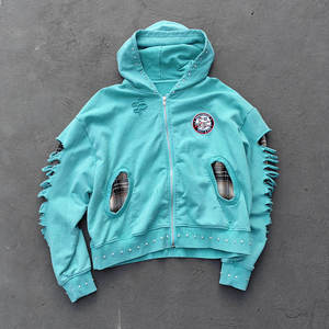 Custom Distressed Cutout Zip <b>Hoodie</b> | Rhinestone Detail Oversized Streetwear Sweatshirt OEM ODM Private Label Rhinestone Hoodies - Product Image 1