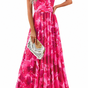 Floral Print Chiffon Maxi <b>Dress</b> One-Shoulder A-Line Casual Summer Leisure High Waist Slim Fit Pink Pleated - Product Image 1