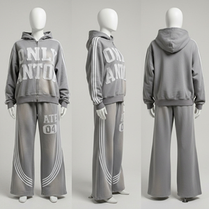 Custom Unisex Plus Size <b>Lightweight</b> Baggy Full Length Casual Hooded Boxy Side Stripe Applique Embroidery Acid Wash Zip <b>Hoodies</b> - Product Image 1