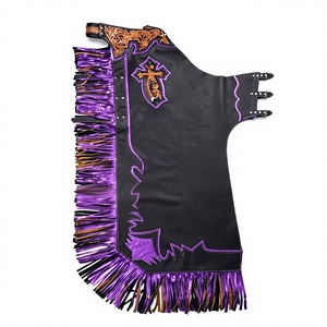 Premium Custom Handmade Cowhide Leather Rodeo Chaps with Hand-Tooled Floral Yoke, Cross Applique, and Purple Fringe - Product Image 1