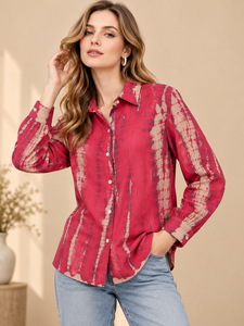 Camisa de Rayón Rosa Tejida para Mujer, Cuello Abierto, Manga Larga, Corte Regular, Casual, Primavera Verano - Product Image 1