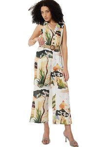 Combinaison bohème sans manches en mousseline pour femme, taille haute, motif peint à la main, longueur mi-mollet avec ceinture, coupe ample printemps-été - Product Image 1